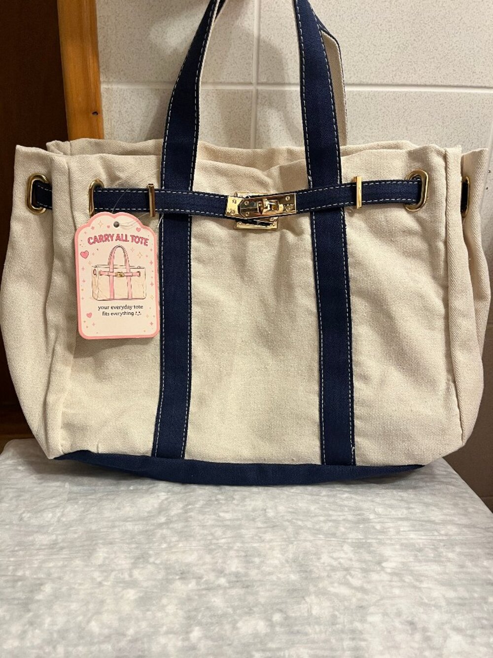 NWT!! Canvas with Navy Stripes gold turn lock tote bag